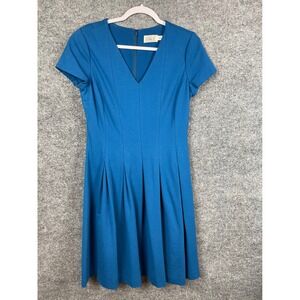 Eliza J Fit and Flare Dress Womens 8 Blue Pleated V-Neck Short Sleeve